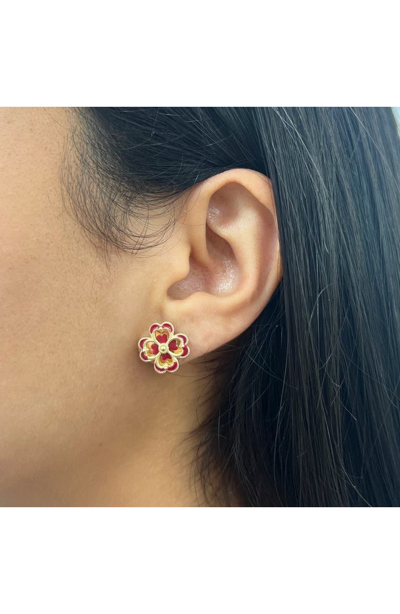 The Lovery Fine Jewelry Dark Red Enamel and Gold Clover Earrings, Alternate, color, Red