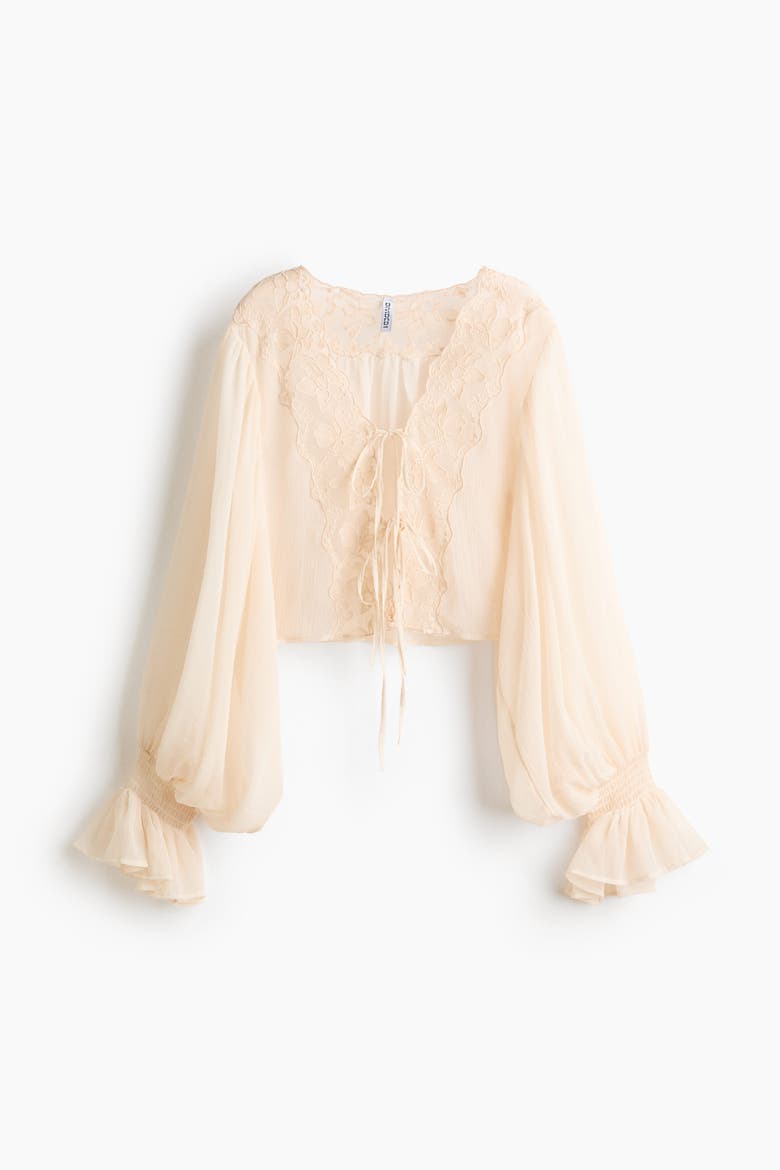 Lace-Trimmed Balloon-Sleeved Blouse, Alternate, color, Pale apricot