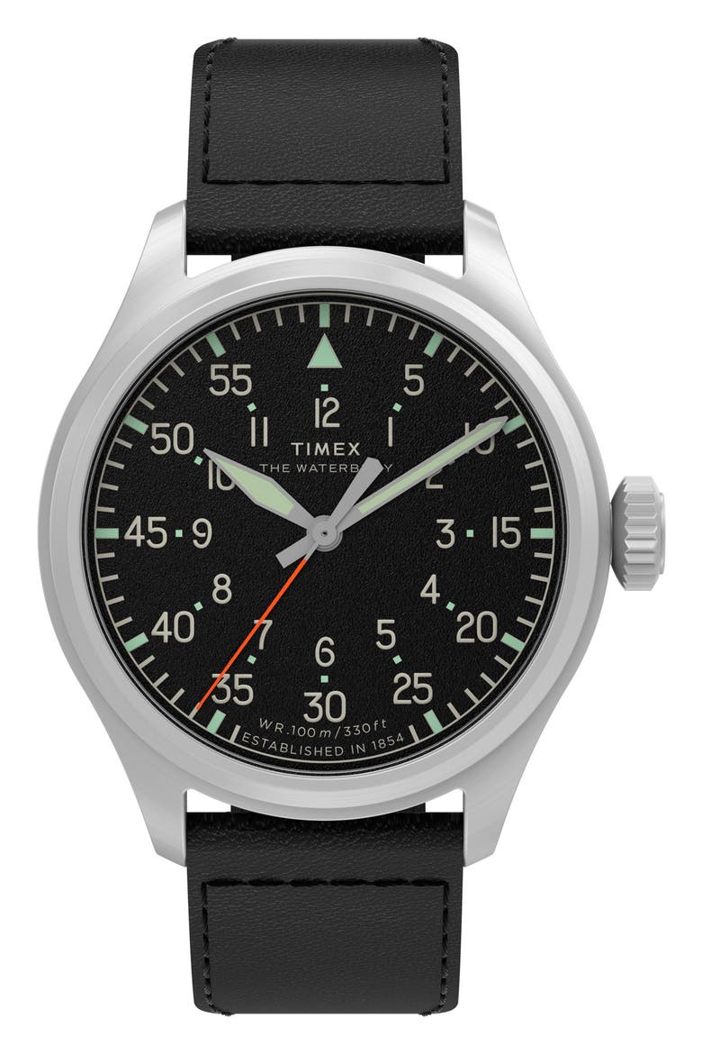 Waterbury Ace41mm Leather Strap Watch, Main, color, BLACK/ SILVER-TONE