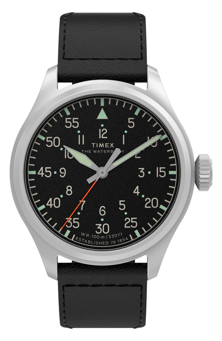 Timex<sup>®</sup> Waterbury Ace41mm Leather Strap Watch, Main, color, Black/ Silver-Tone