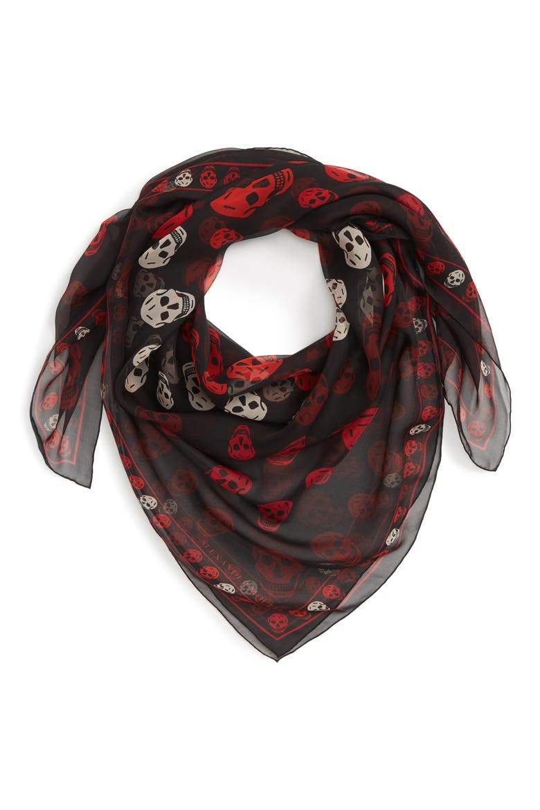 Alexander McQueen Skull Print Chiffon Scarf, Alternate, color, BLACK/ BORDEAUX