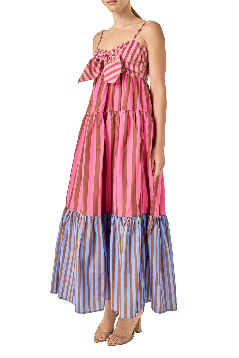 Stripe Bow Sleeveless Tiered Maxi Dress, Alternate, color, MULTI PINK