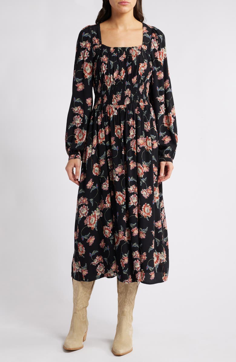 Treasure & Bond Floral Long Sleeve Smock Waist Dress, Main, color,