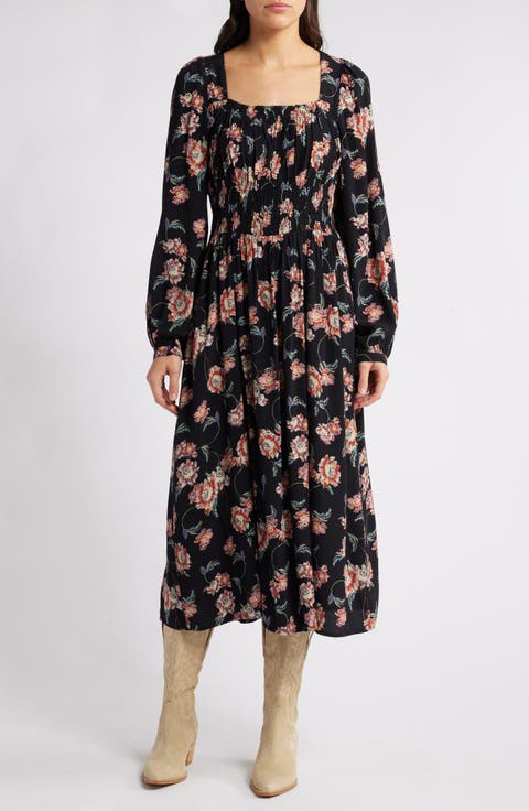 Floral Long Sleeve Smock Waist Dress