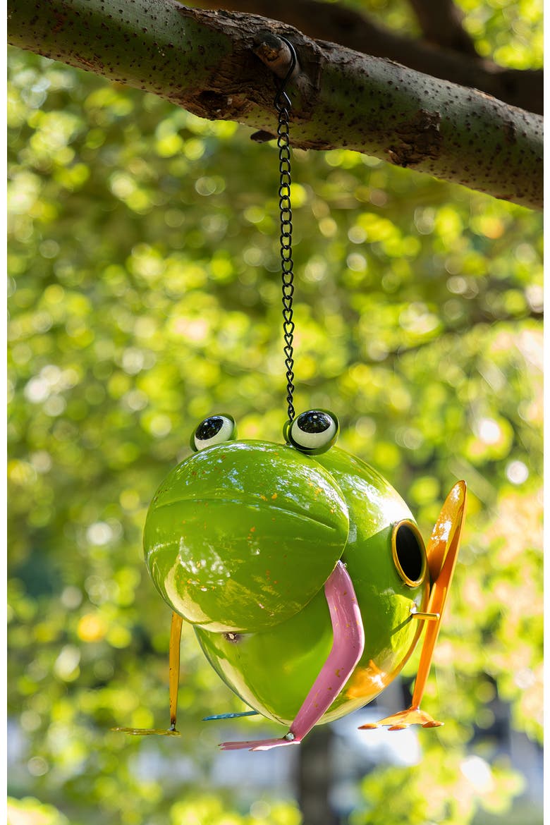 9"L Metal Glossy Frog Outdoor Garden Birdhouse, Alternate, color, Green