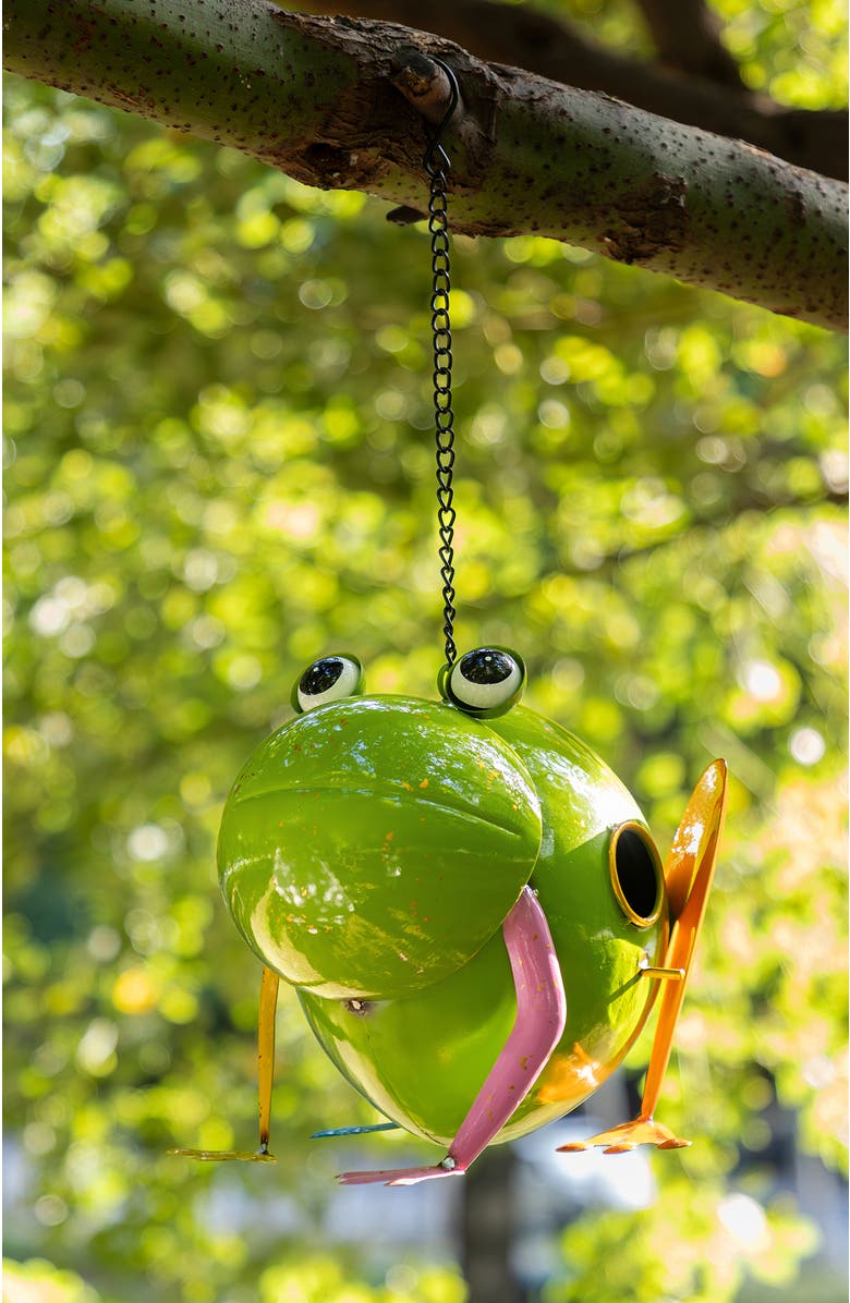 Glitzhome 9"L Metal Glossy Frog Outdoor Garden Birdhouse, Alternate, color, Green