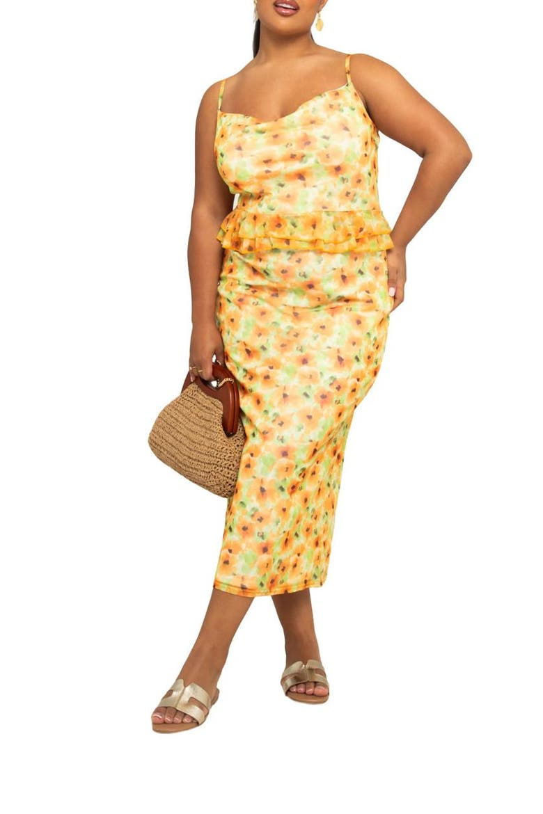 Floral Print Peplum Midi Dress, Alternate, color, Yellow