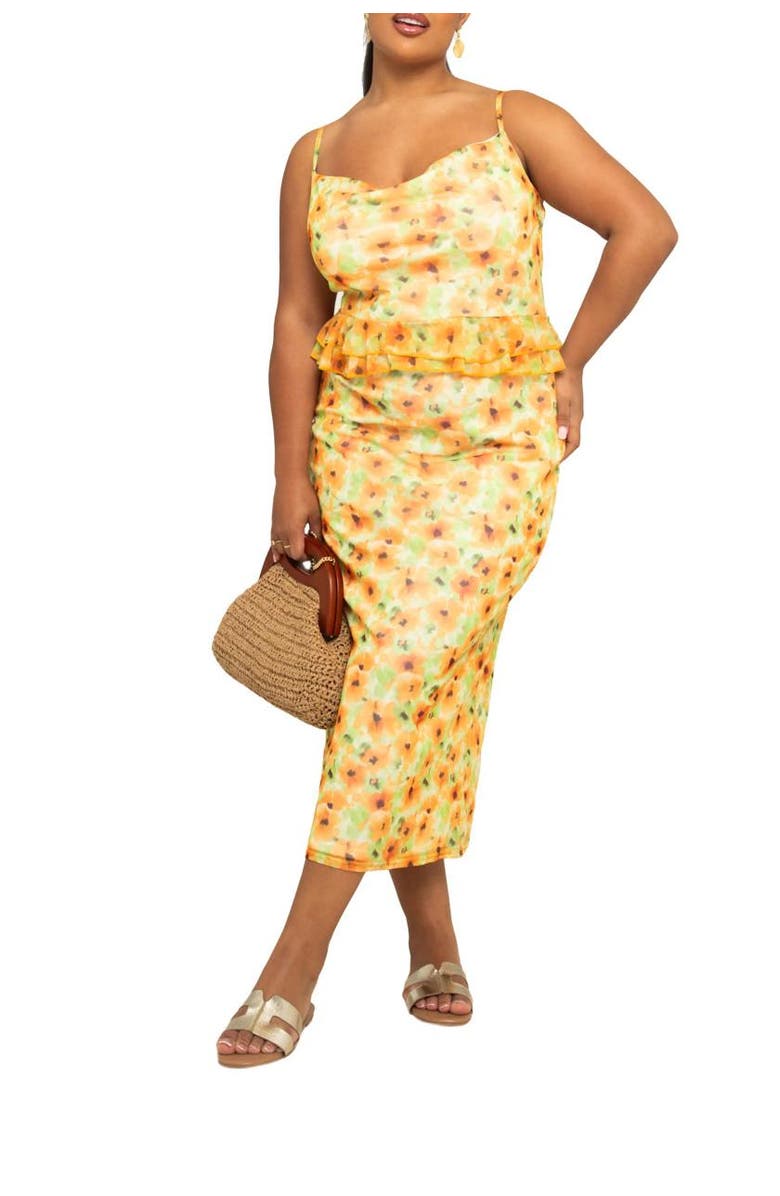 FASHION-SZN CURVE Floral Print Peplum Midi Dress, Alternate, color, Yellow