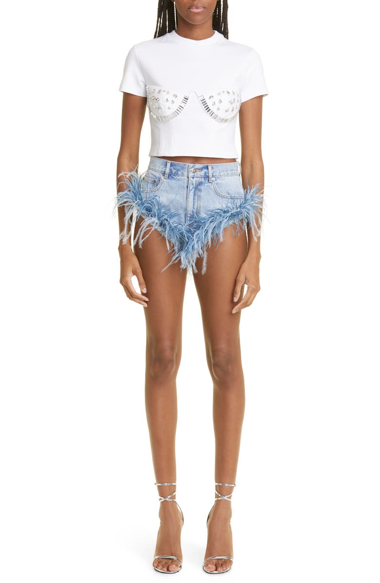 Area Feather Trim Nonstretch Denim Cutoff Shorts, Alternate, color, 