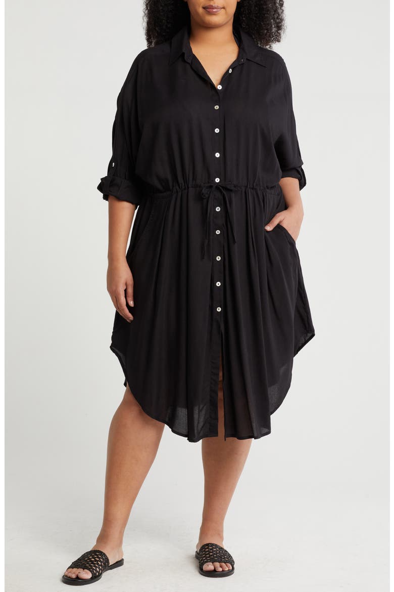 Long Sleeve Shirtdress, Main, color, BLACK