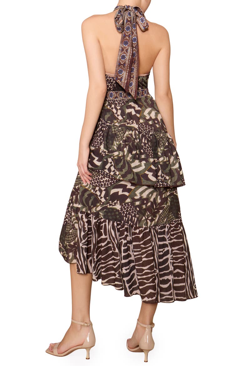 Mixed Print Tiered Asymmetric Hem Halter Dress, Alternate, color, BROWN/ MULTI GEO