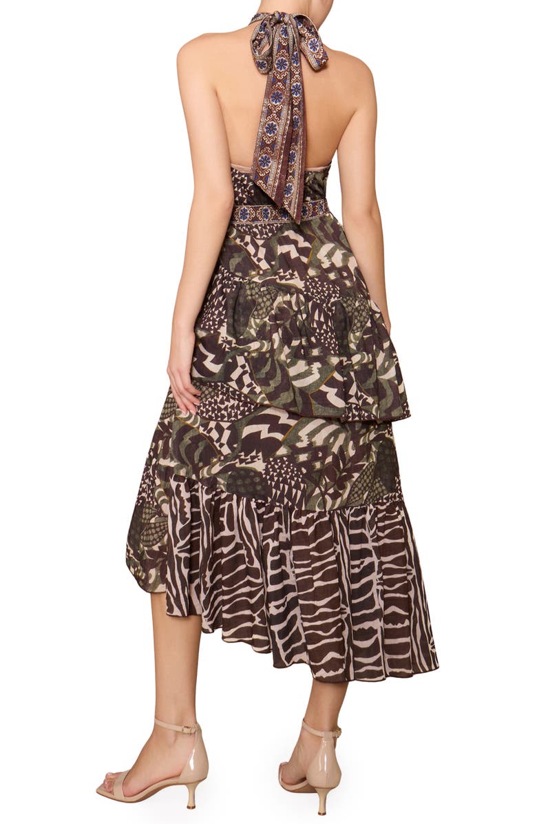 MELLODAY Mixed Print Tiered Asymmetric Hem Halter Dress, Alternate, color, Brown/ Multi Geo