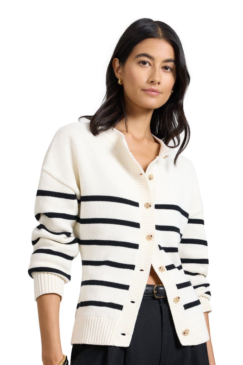 Cotton Fitted Cardigan, Alternate, color, NOIR NAVY/WHITE