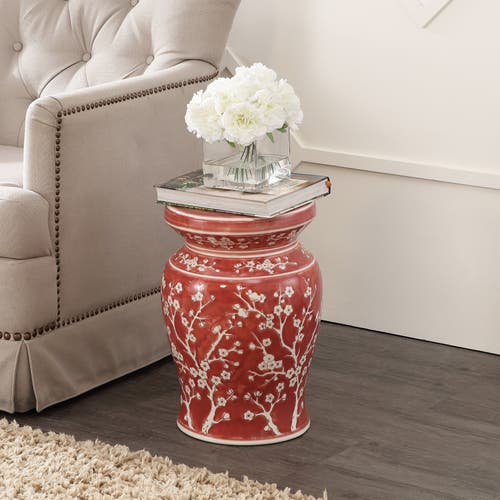 Jonathan Y Cherry Blossom 17.75" Ceramic Garden Stool In Red/white
