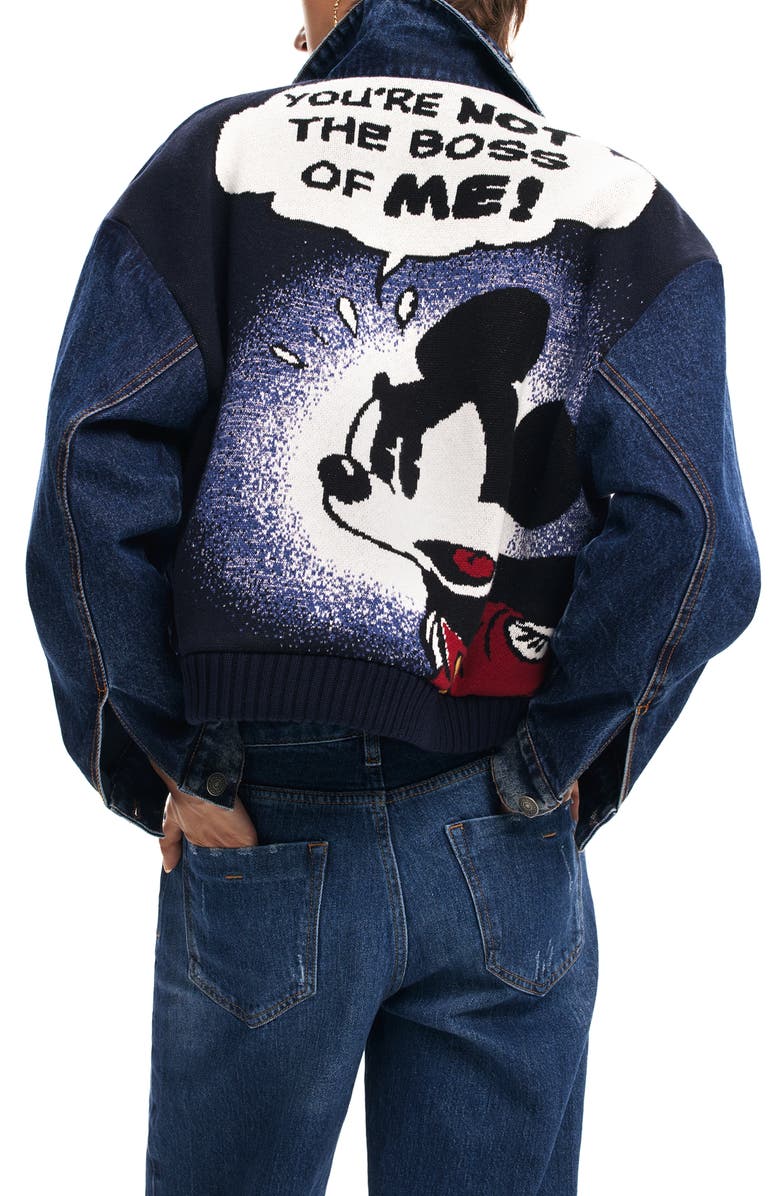 Desigual Mickey Mouse Metallic Graphic Denim Trucker Jacket, Alternate, color,