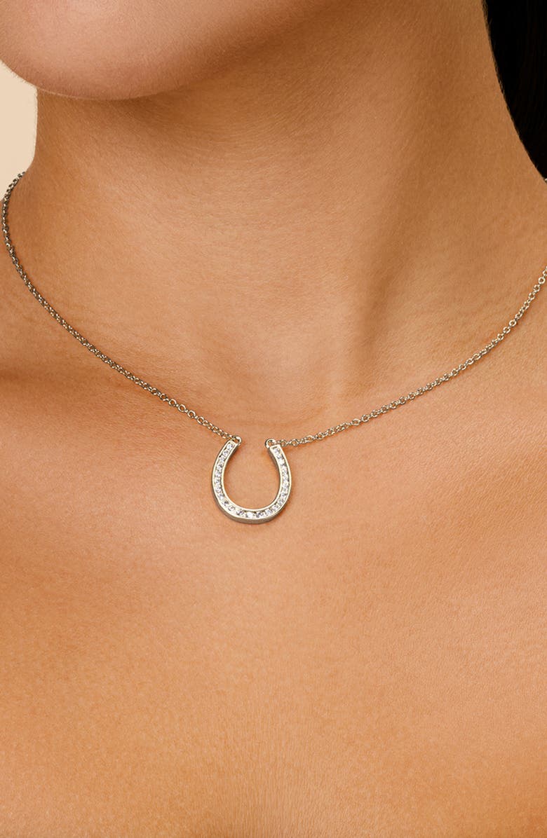 Sterling Forever CZ Horseshoe Pendant Necklace, Alternate, color, Silver