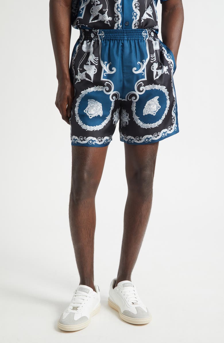 Versace La Coupe des Dieux Silk Shorts, Main, color, Black Petrol Blue
