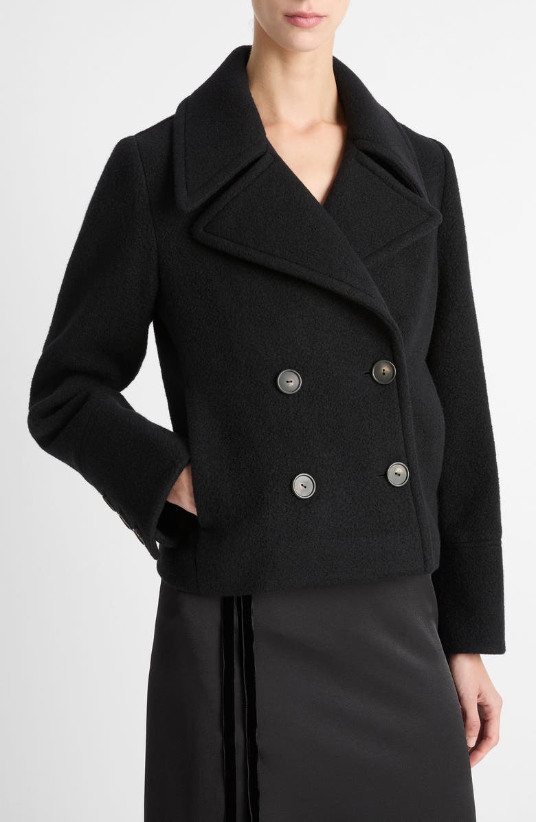 Vince Double Breasted Crop Boiled Wool Peacoat, Alternate, color, Black