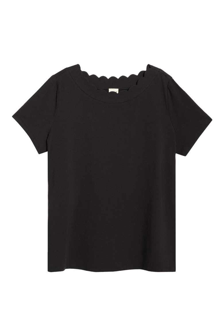 Scallop Jewel Neck Stretch Cotton T-Shirt, Alternate, color, ANNE BLACK