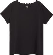 AK ANNE KLEIN Scallop Jewel Neck Stretch Cotton T-Shirt