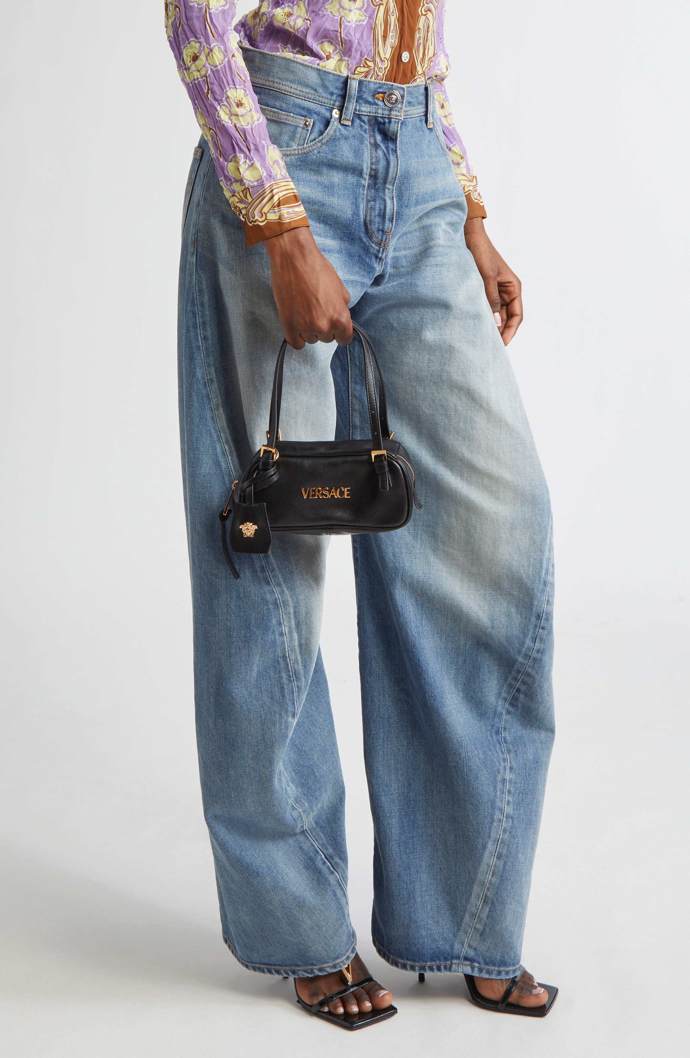 Versace Mini Logo East/West Leather Shoulder Bag, Alternate, color, Black Versace Gold