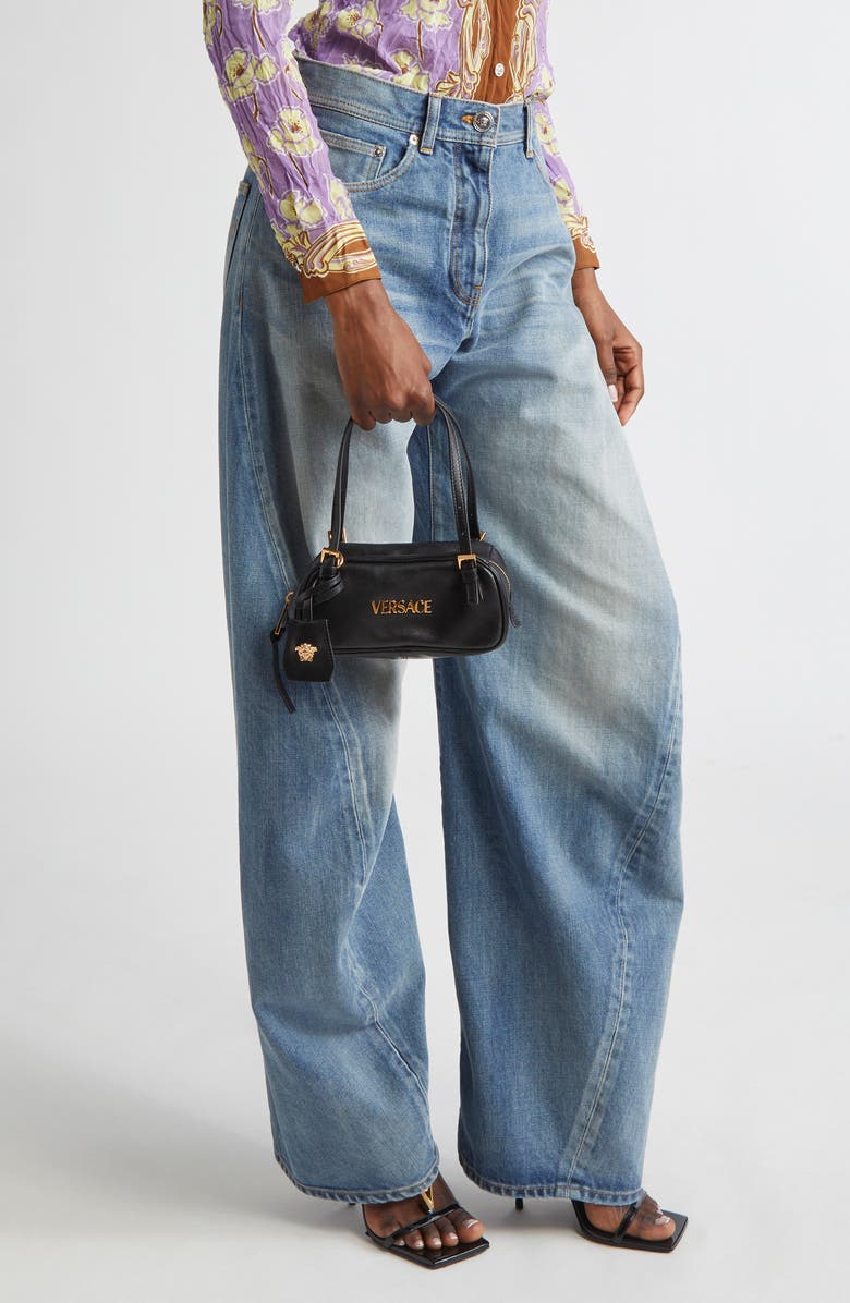 Versace Mini Logo East/West Leather Shoulder Bag, Alternate, color, Black Versace Gold