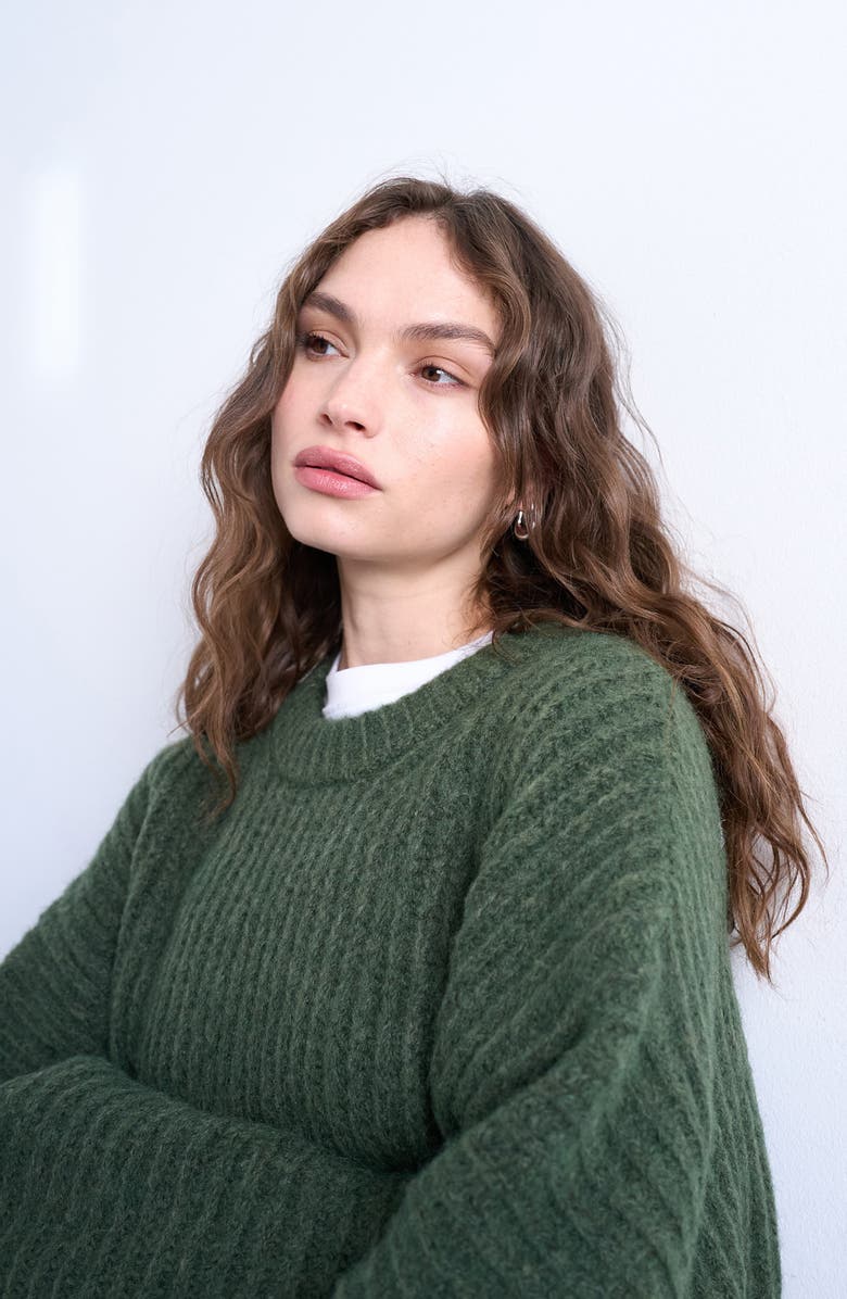 Topshop Rib Puff Sleeve Sweater, Alternate, color, Medium Green