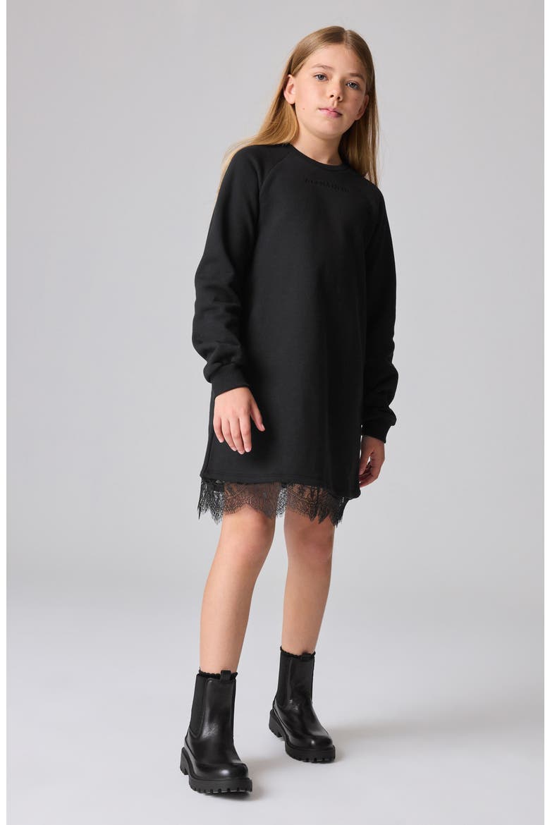 Lace Trim Sweatshirt Dress, Alternate, color, BLACK