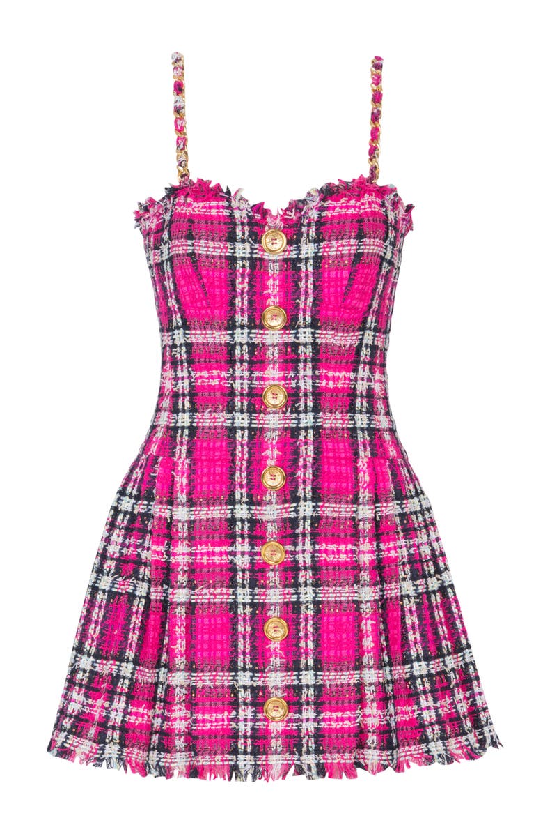 Balmain Plaid dress with chain straps, Alternate, color, Pink