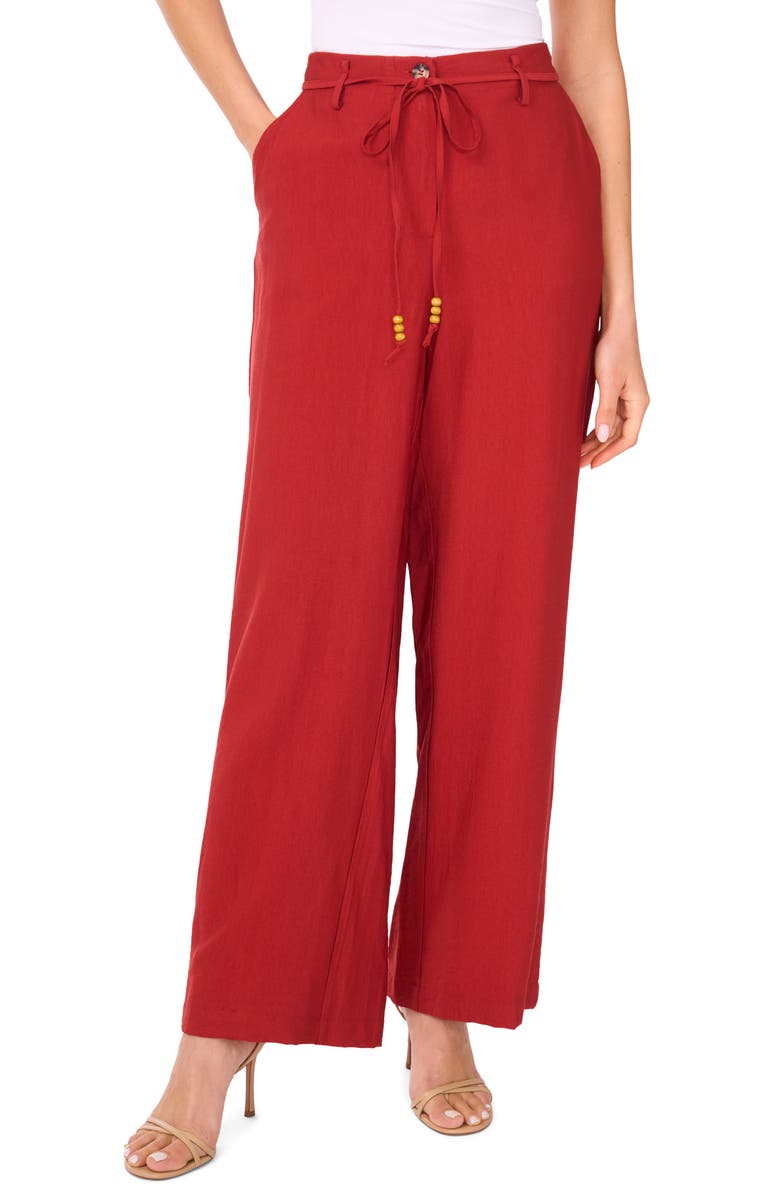Vince Camuto Beaded Tie Belt Wide Leg Pants, Main, color, Chili