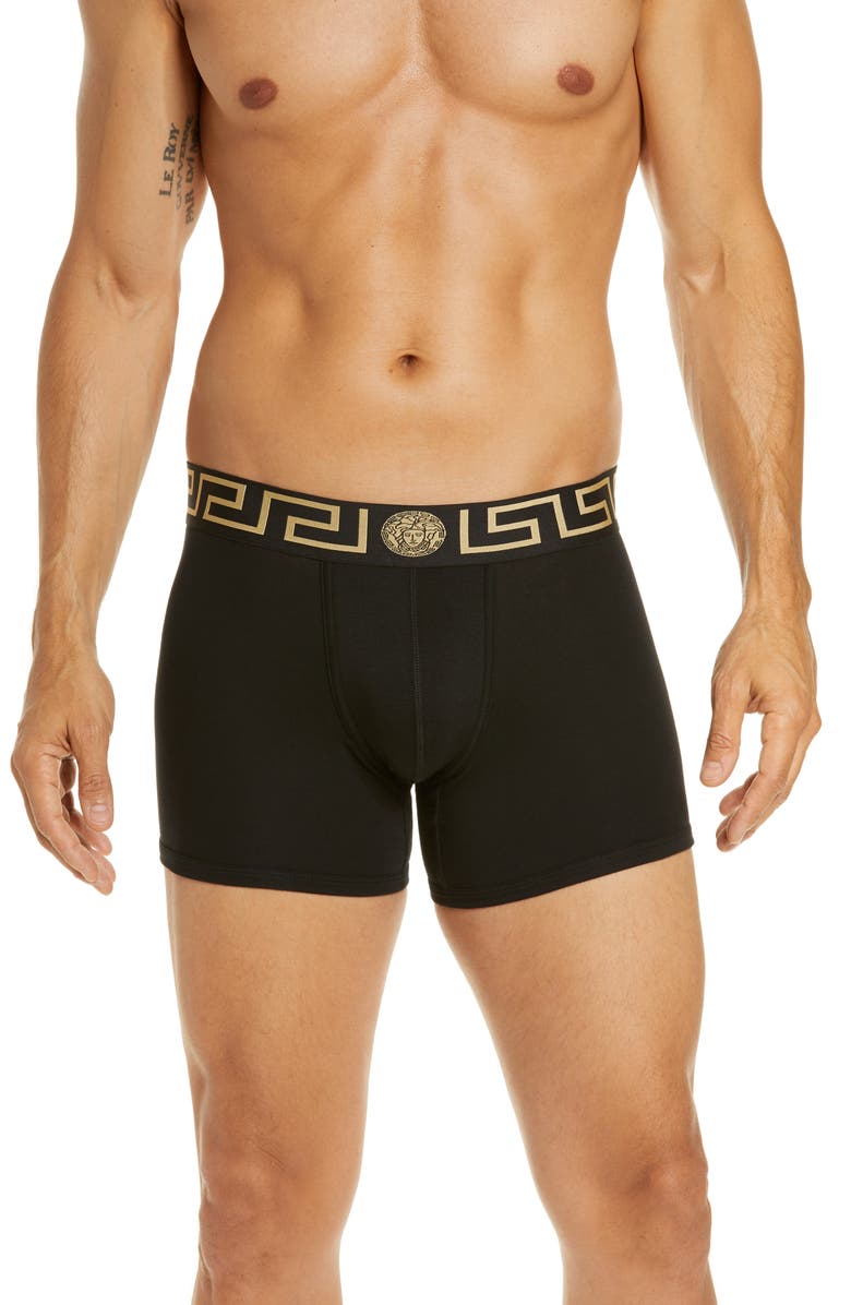 Versace Long Stretch Cotton Trunks, Main, color, Black/ Gold