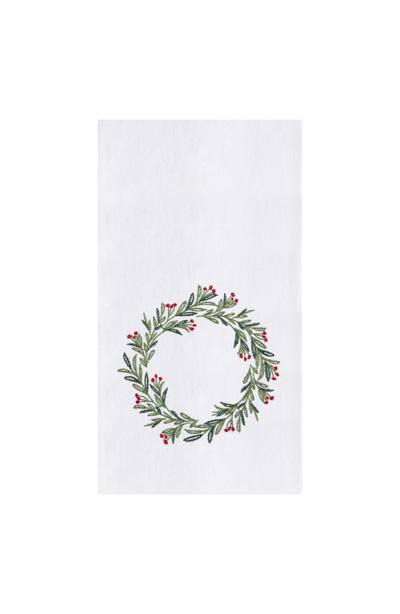 C&F Home Green Holly with Red Berries Wreath Holiday Christmas Xmas Embroidered Flour Sack Kitchen Towel 27L x 18W in., Main, color, White