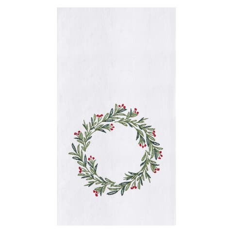 Green Holly with Red Berries Wreath Holiday Christmas Xmas Embroidered Flour Sack Kitchen Towel 27L x 18W in.
