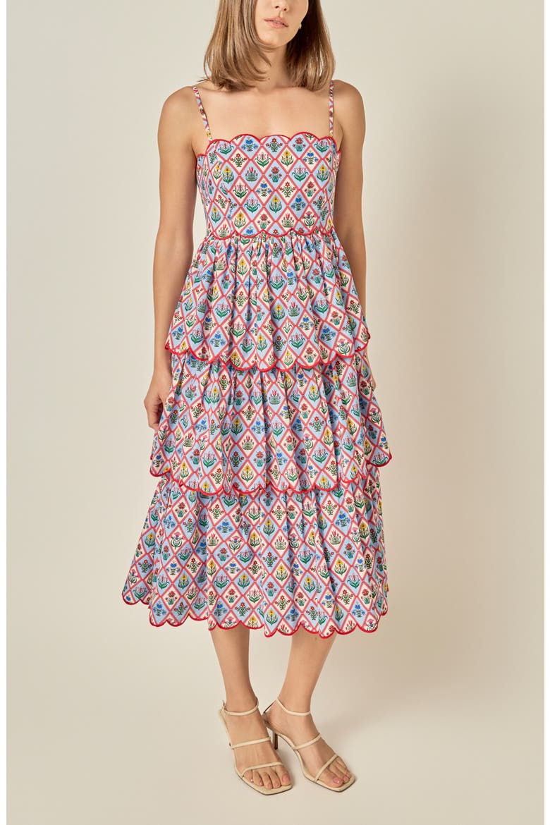 Printed Scallop Tiered Midi Dress, Alternate, color, MULTI