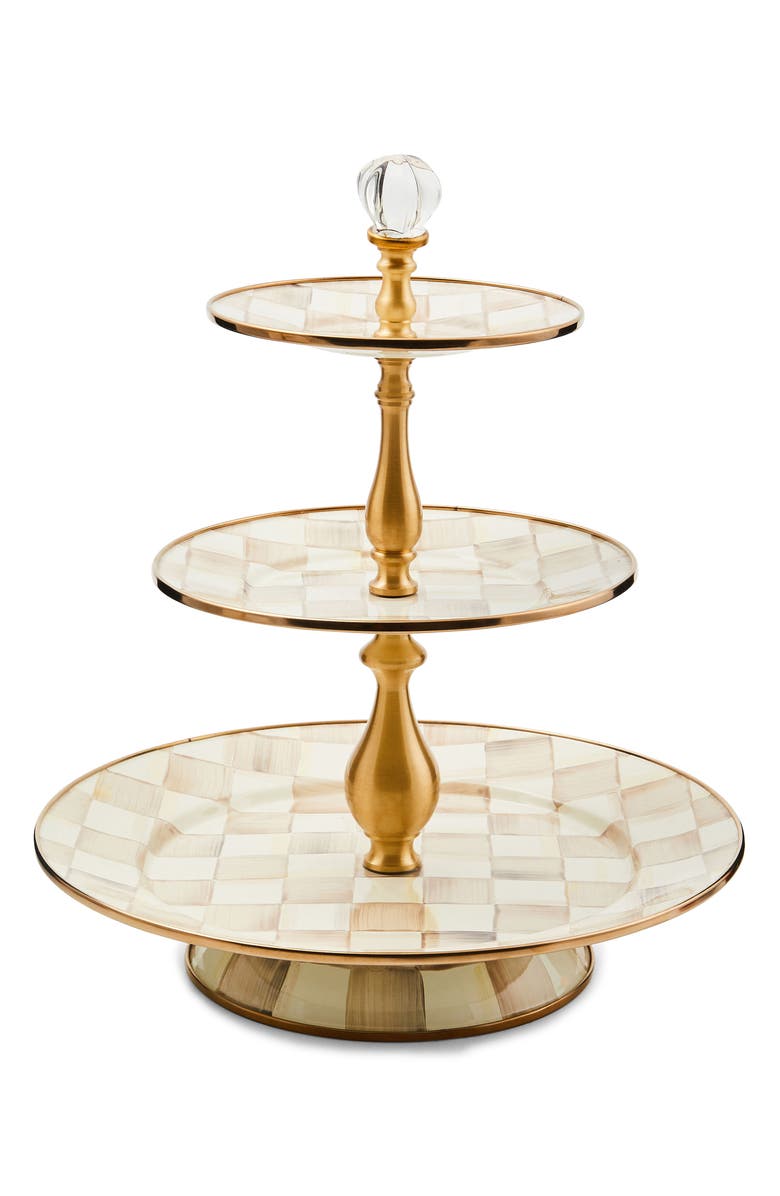 MACKENZIE CHILDS Mocha Check Three Tier Sweet Stand, Main, color, Mocha