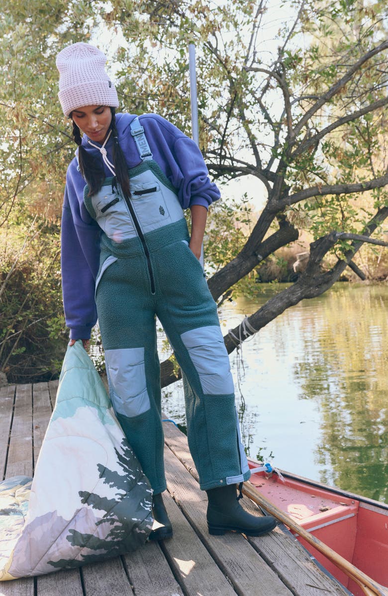 Free People Hit the Slopes High Pile Fleece Snow Bibs, Alternate, color, Midnight Jade Combo