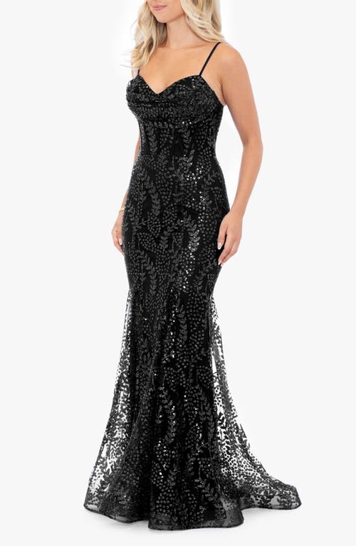 Blondie Nites Glitter Mesh Trumpet Gown In Black