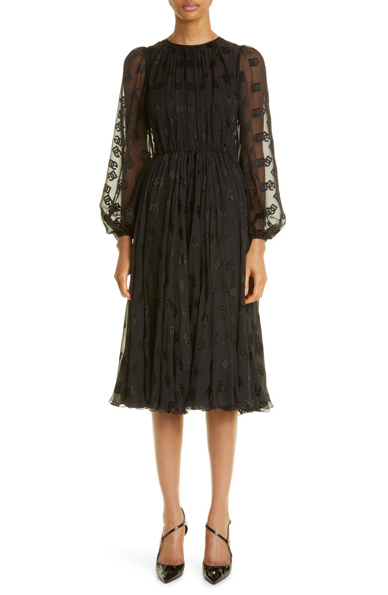 Dolce&Gabbana Logo Jacquard Long Sleeve Chiffon Dress, Main, color, 