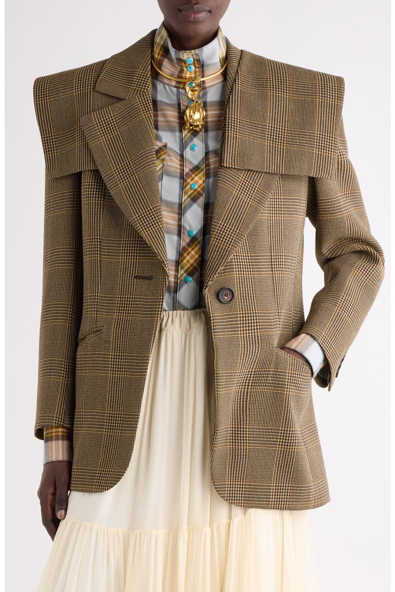 Prince of Wales Check Wool Crêpe Blazer, Main, color, BROWN - BLACK