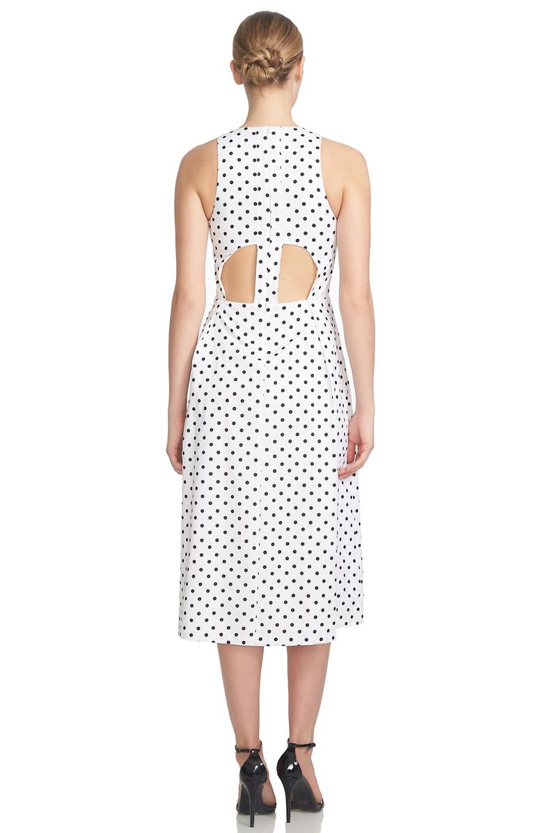 1.STATE Polka Dot Cutout Fit & Flare Midi Dress, Alternate, color, 