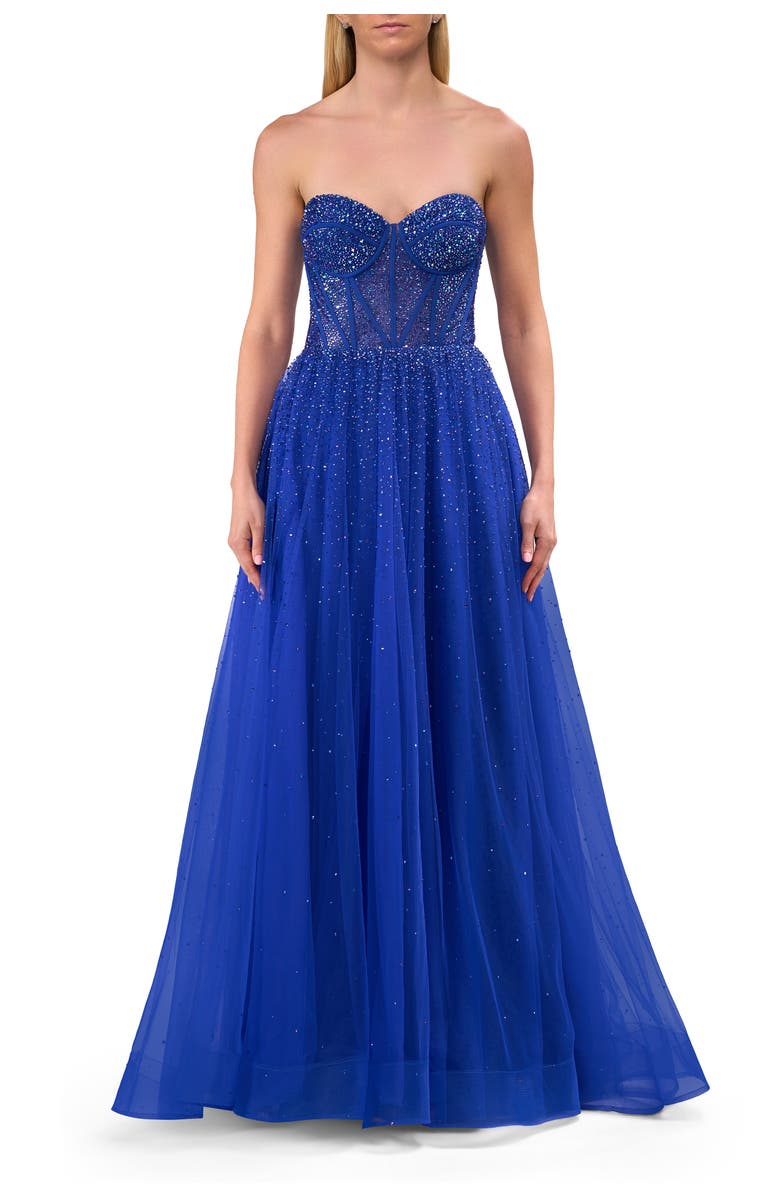 La Femme Rhinestone Embellished A-line Tulle Gown with Corset Top, Main, color, Royal Blue