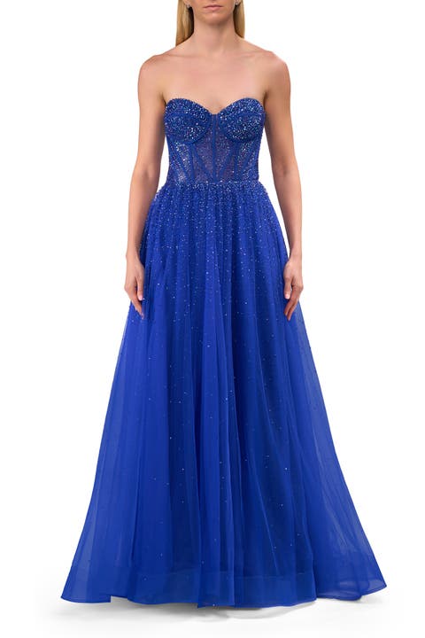 Rhinestone Embellished A-line Tulle Gown with Corset Top