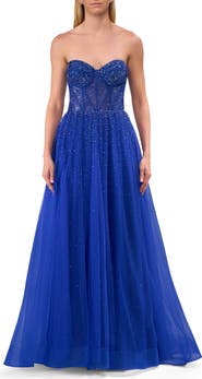 La Femme Rhinestone Embellished A-line Tulle Gown with Corset Top