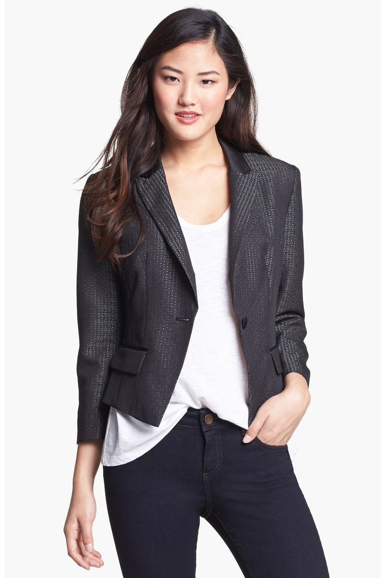 Jacquard One Button Blazer, Alternate, color, MEDIUM GREY/ BLACK COMBO