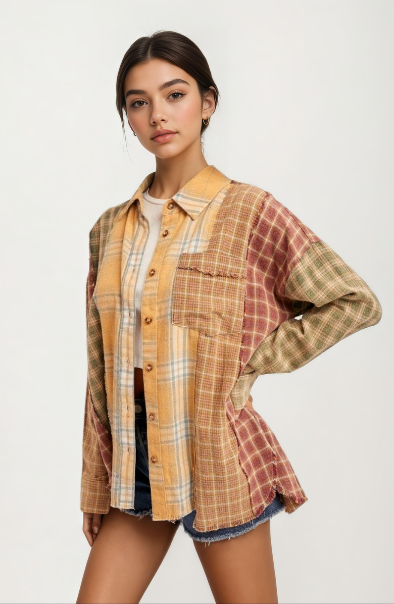 Knit and Lounge Patchwork Plaid Chest-Pocket Button-Down Shirt, Alternate, color, 