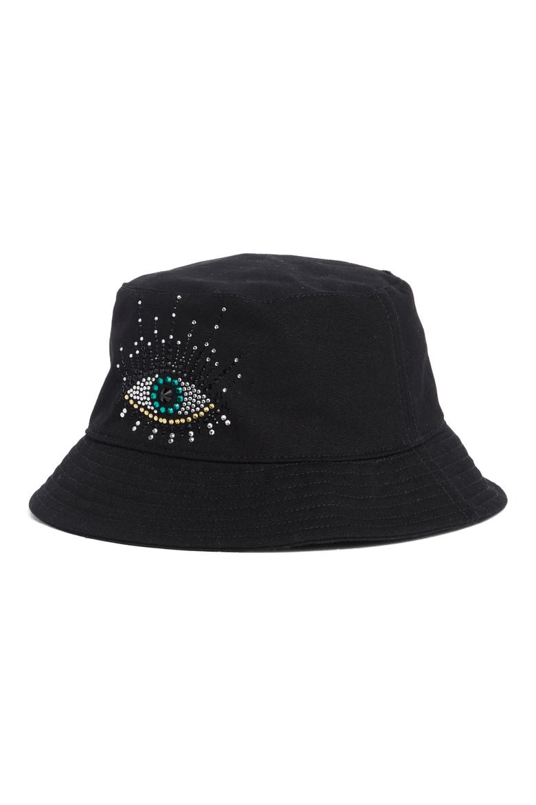 Evil Eye Embellished Bucket Hat, Main, color, BLACK