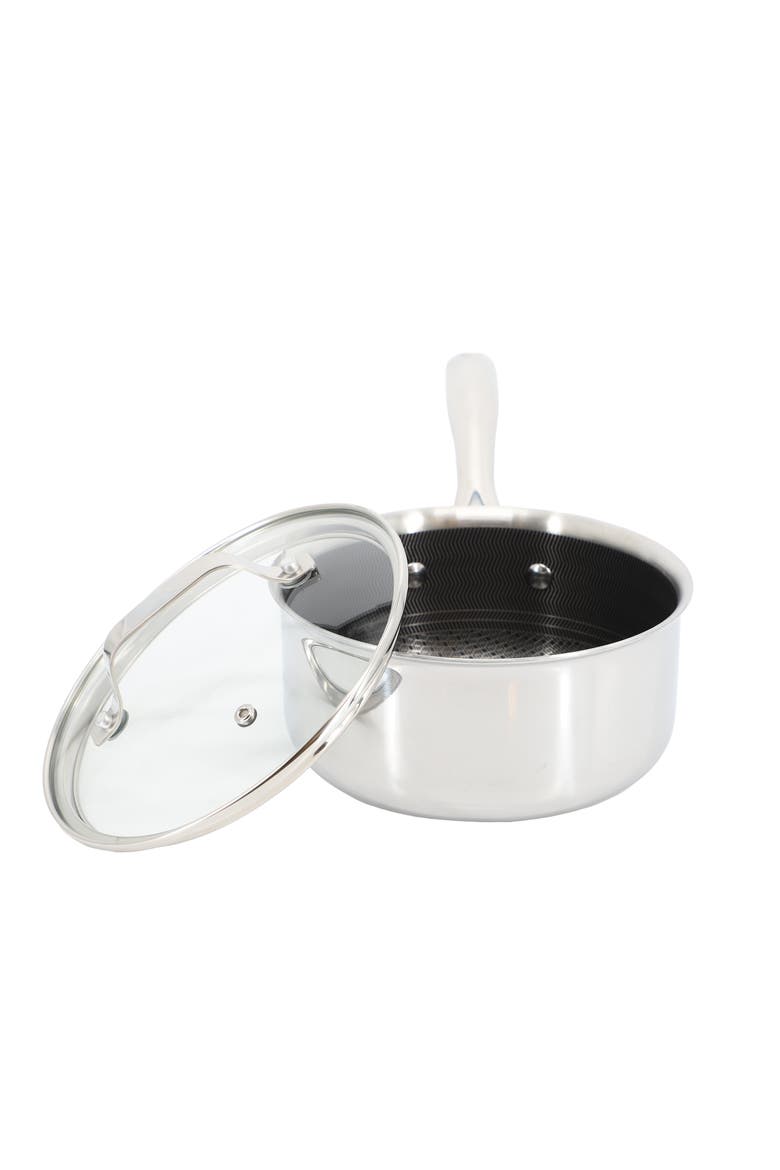 Modessa 2.5 Quart Nonstick Triply Stainless Steel Saucepan and Lid with Honeycomb Design, Alternate, color, Metallic Silver