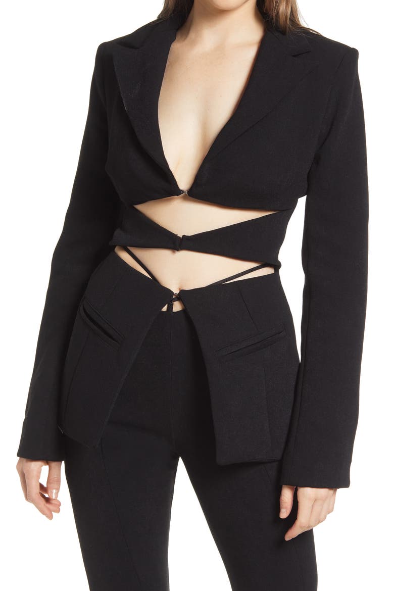 Nour Cutout Crepe Blazer, Main, color, BLACK