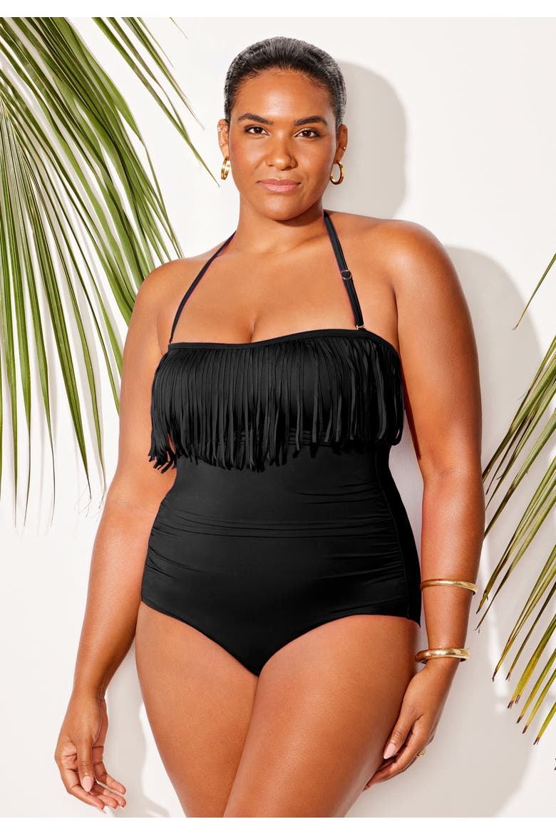 Fringe Bandeau One Piece Swimsuit, Alternate, color, Black
