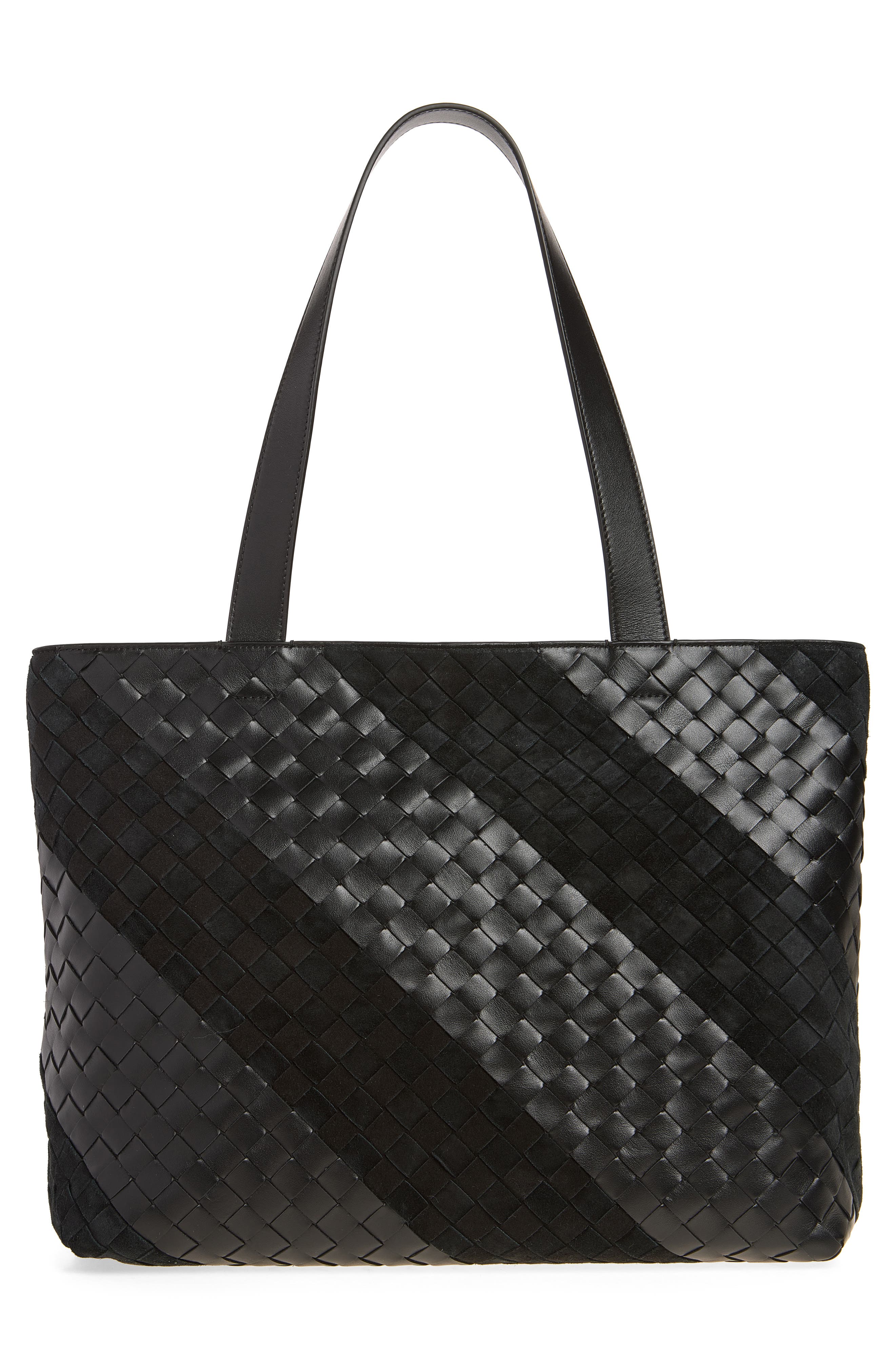 Small Intrecciato Leather Tote, Alternate, color, 8803 BLACK/ SILVER